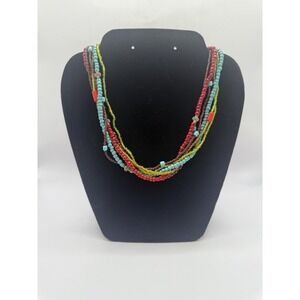 Vintage Multi Strand Seed Bead Necklace Red Turquoise Blue Green Jewelry